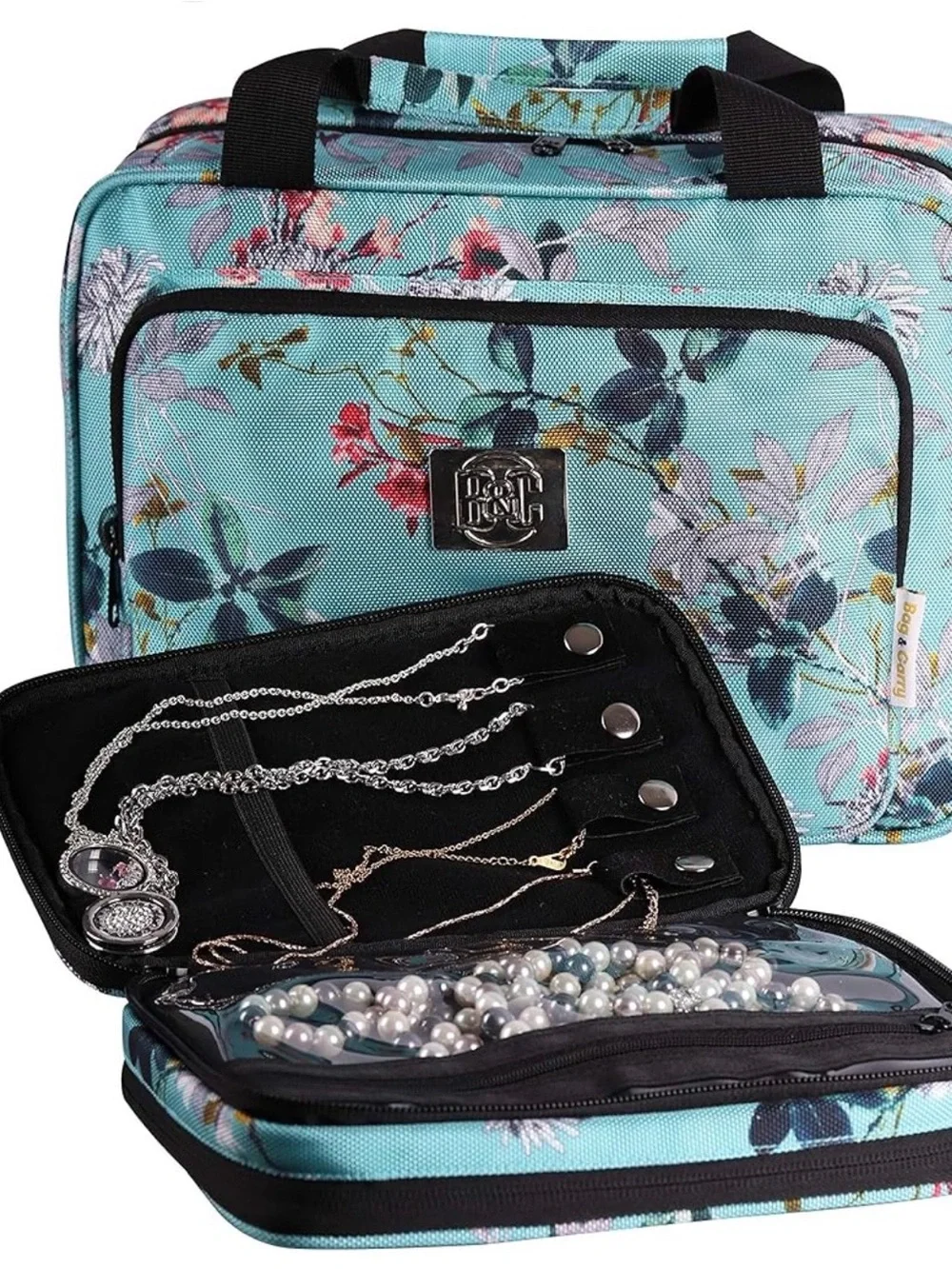 Ben & Carson Floral Teal hanging travel makeup Bag with jewelry bag
